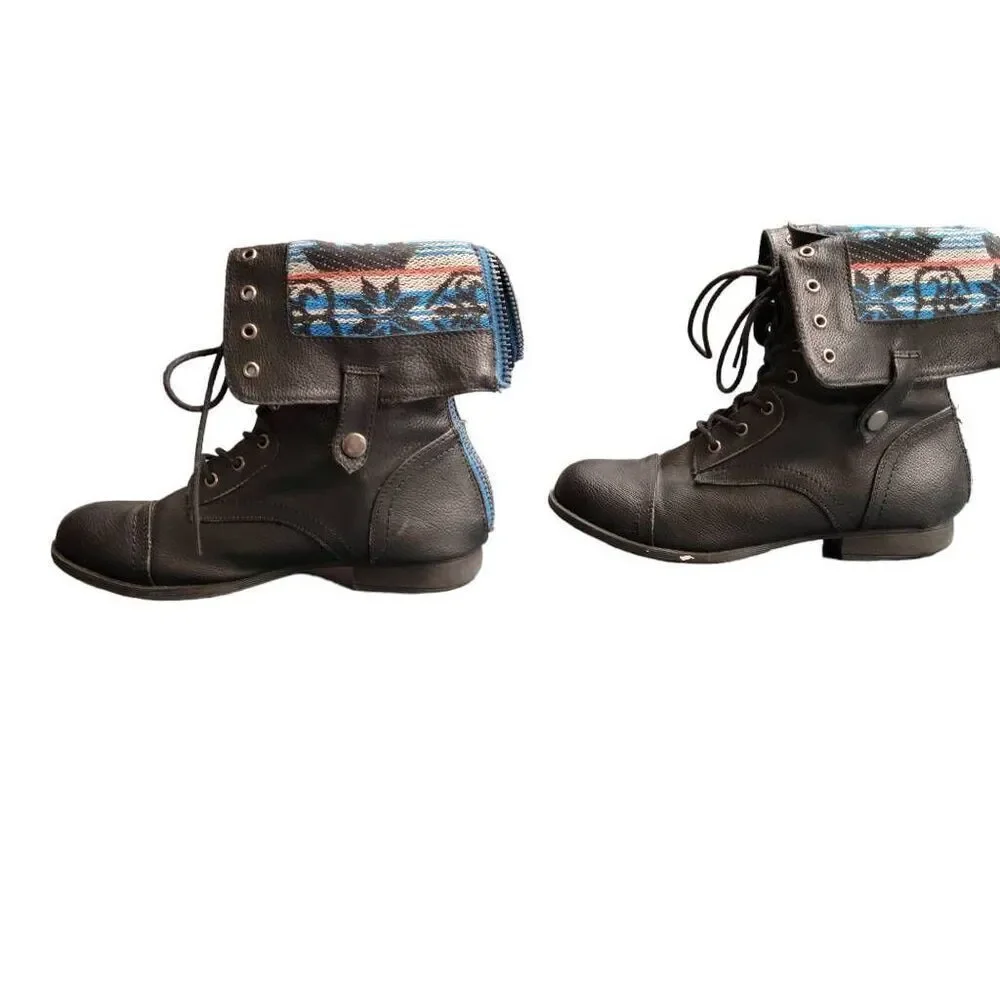 Herstyle Black Southwestern Contrast High or Low Combat Boots